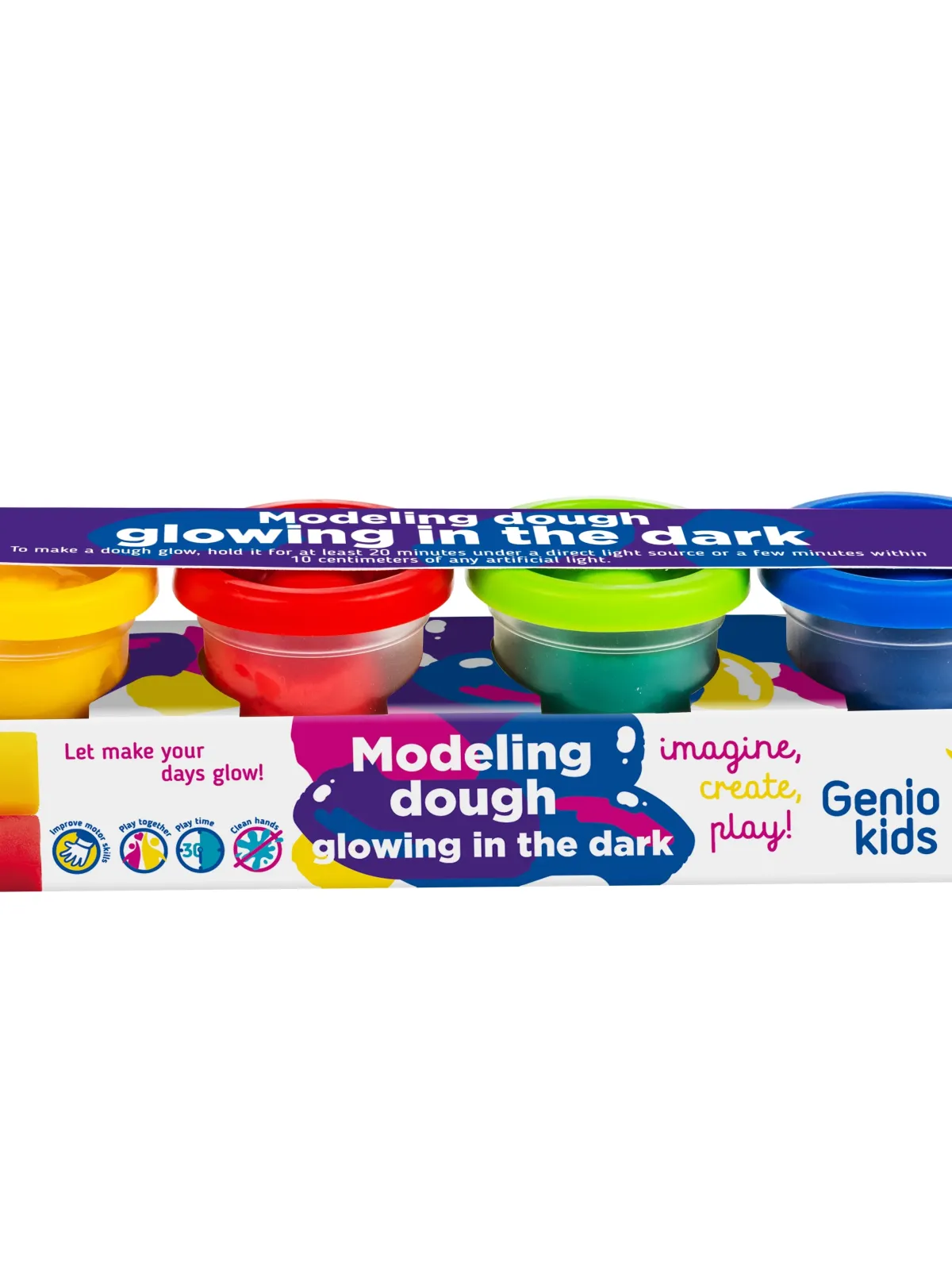 Genio Kids natūralus plastilinas - modelinas  4 šviečiančios tamsoje spalvos po 50 g