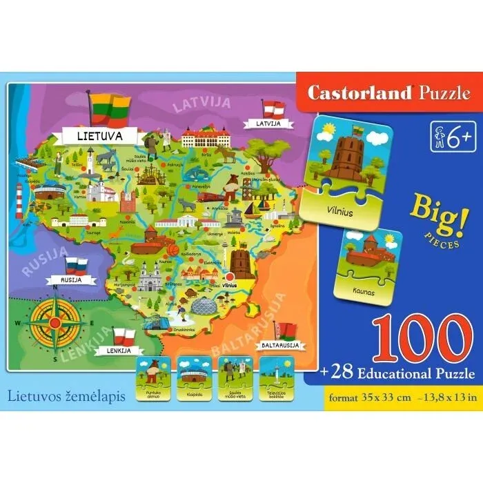 Castorland dėlionė Lietuvos žemėlapis 100 det. 14 mokomųjų kortelių
