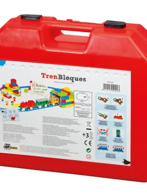 Traukinys su bėgiais, figūrėlėmis ir konstruktoriumi